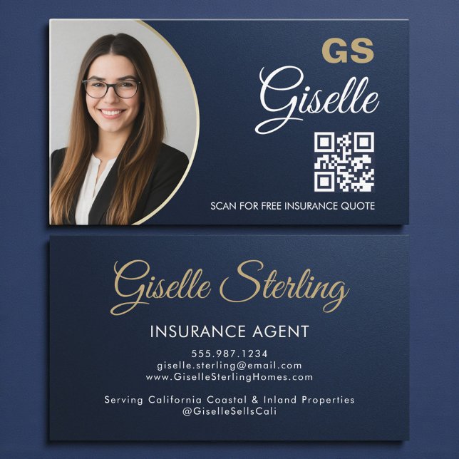 Insurance Agent Navy Blue Gold Photo Metallic Visitkort (Skapare uppladdad)