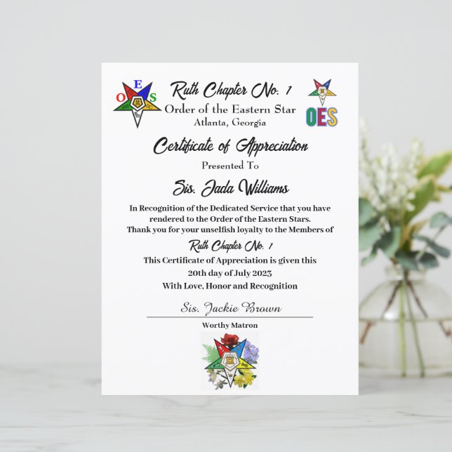 Int.OES Värdighetsbevis  (Stående Fram)