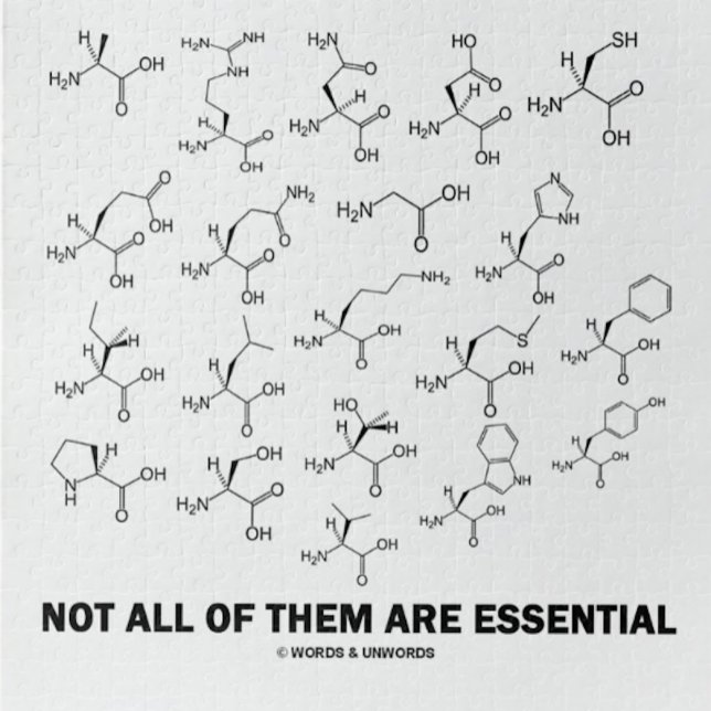 Inte alla dem är nödvändiga (20 Amino syror) Pussel (Jigsaw puzzle for any biochemist w/ 20 amino acids & caption "Not All Of Them Are Essential")