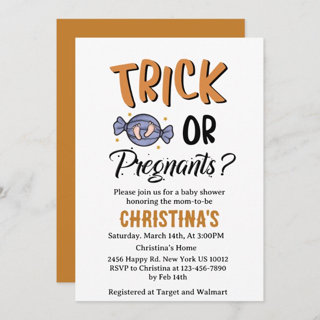 Inte en trick Gravid Halloween-babydusch Inbjudningar (Fram/baksida)