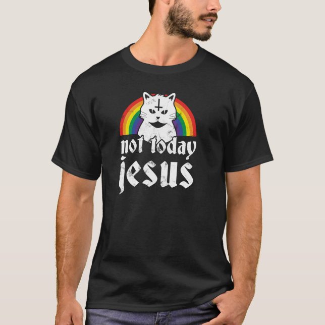 Inte i dag Jesus Hoodie Rainbow Satanic Cat Goth C T Shirt (Framsida)