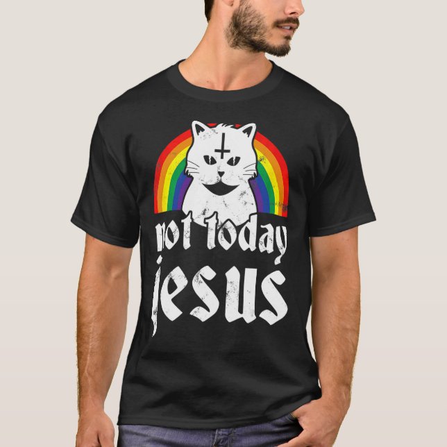 Inte i dag Jesus Rainbow Satanic Cat Goth-konsert T Shirt (Framsida)
