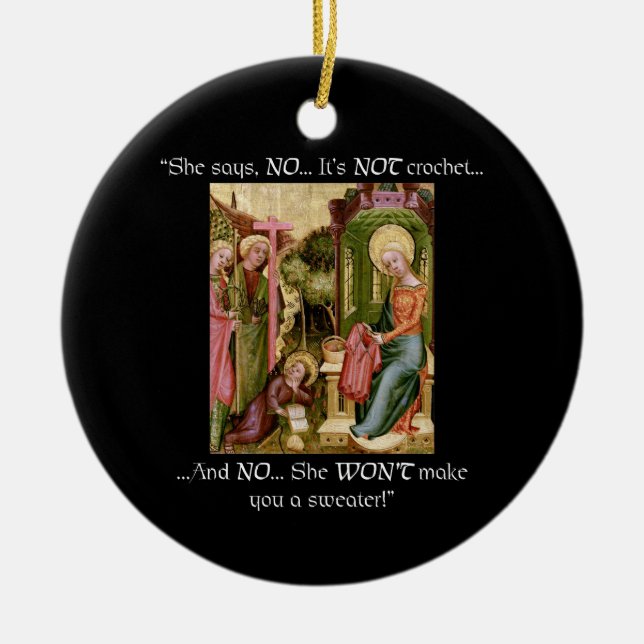 Inte roligt medeltida handarbete för virkning julgransprydnad keramik (Framsidan)