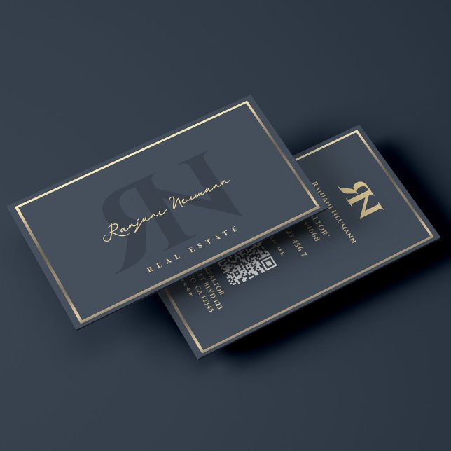 Intecknad Fastighetsmäklare Sotblå Falsk Guld Kant Visitkort (Mortgage Realtor Charcoal Blue Faux Gold Border Business Card
)