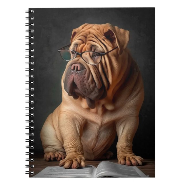 Intelligent Shar Pei Hund med Bok Design Anteckningsbok (Framsidan)