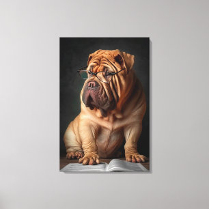 Intelligent Shar Pei Hund med Bok Design Canvastryck