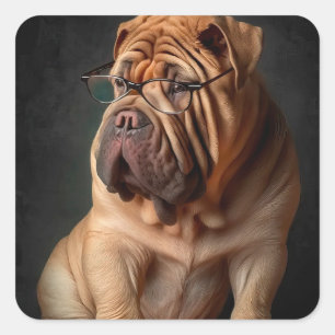 Intelligent Shar Pei Hund med Bok Design Fyrkantigt Klistermärke