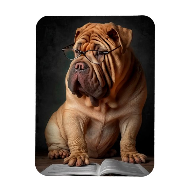 Intelligent Shar Pei Hund med Bok Design Magnet (Vertikal)