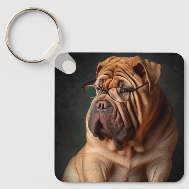 Intelligent Shar Pei Hund med Bok Design Nyckelring (Framsida)