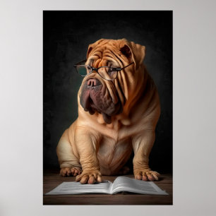 Intelligent Shar Pei Hund med Bok Design Poster