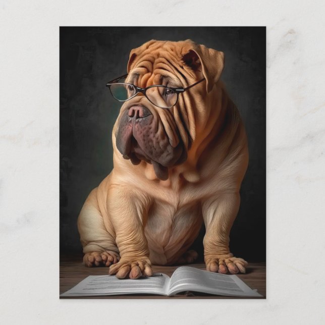 Intelligent Shar Pei Hund med Bok Design Vykort (Framsida)