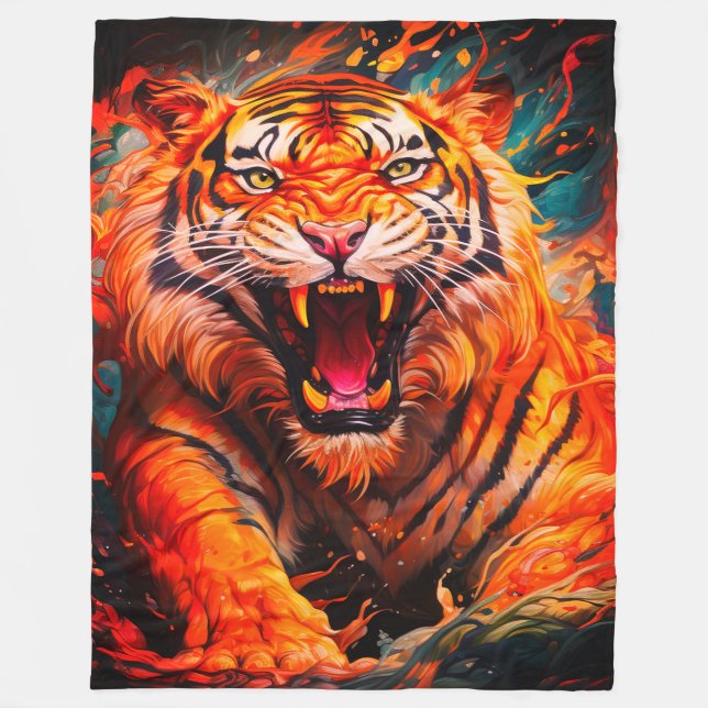 Intens Tigerporträtt i Flamma Fleecefilt (Framsidan)