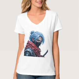 Intense Blue-Haired Swordsman in Snowy Setting Por T Shirt
