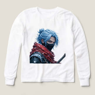 Intense Blue-Haired Swordsman in Snowy Setting Por T Shirt