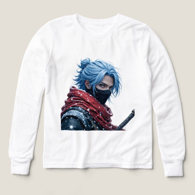 Intense Blue-Haired Swordsman in Snowy Setting Por T Shirt (Design framsida)