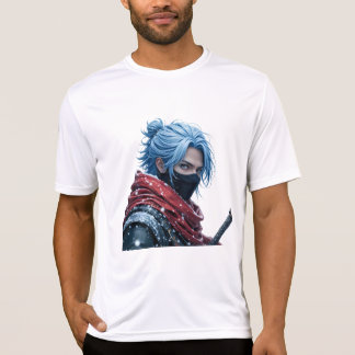 Intense Blue-Haired Swordsman in Snowy Setting Por T Shirt