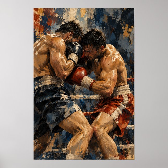 Intense boxningsmatch uttrycksfull oljemålning spo poster (Framsidan)