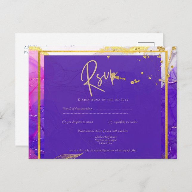 Intensiv Lila Rosa Bröllop Alkohol Bläck Guld Vykort (Fram/baksida)