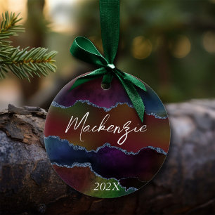 Intensiv Mörk Agate Moody Rainbow Jewel Tone Julgransprydnad Keramik