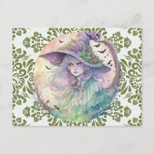 Intensiv och Scary Pastel Witch Damask Halloween Helg Vykort