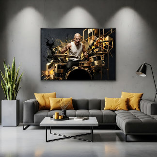Intensiv Rocktrummis guld & svart musikdesign Poster