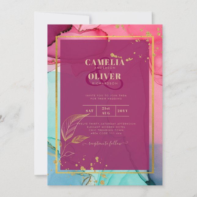 Intensiv ROSA Turquise GULD BRÖLLOP Alcohol Bläck Inbjudningar (Framsida)