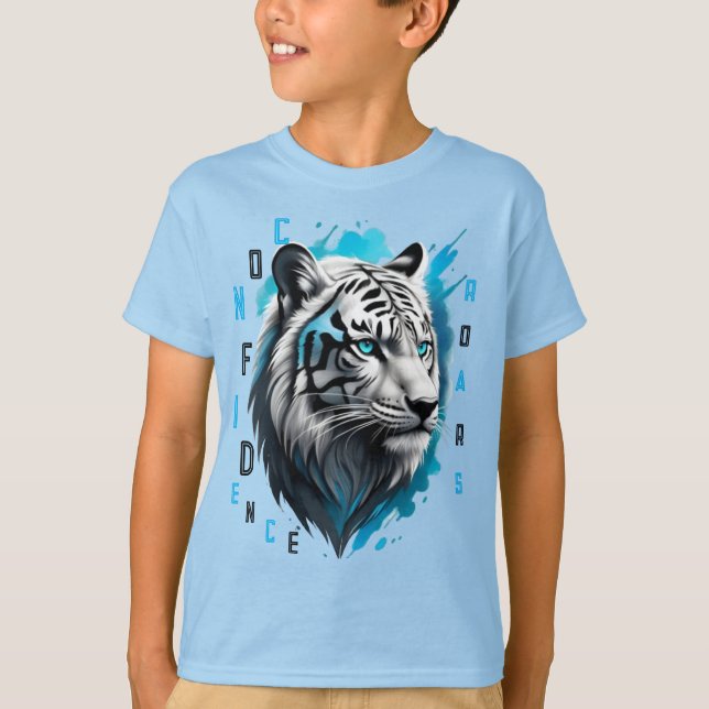 Intensivt blått Ögon: Svartstrimlad vit tiger T Shirt (Framsida)