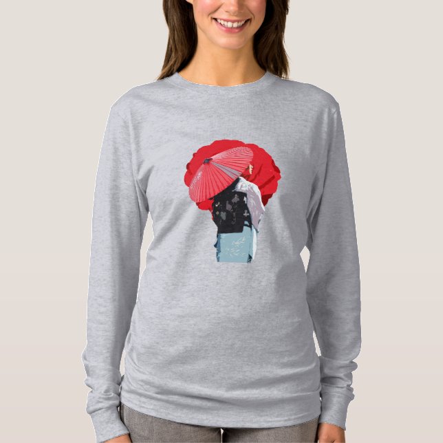 Intenso Vermelho Inspiração Japonesa com Sombrinha T Shirt (Framsida)