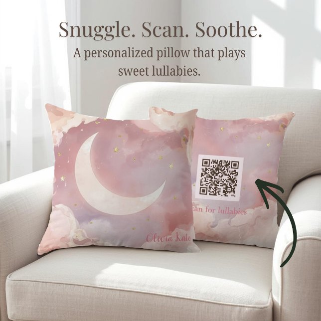Interaktivt mån- och stjärnbarnkudde med musik kudde (A personalized nursery pillow with a watercolor moon and stars design, featuring a QR code on back)