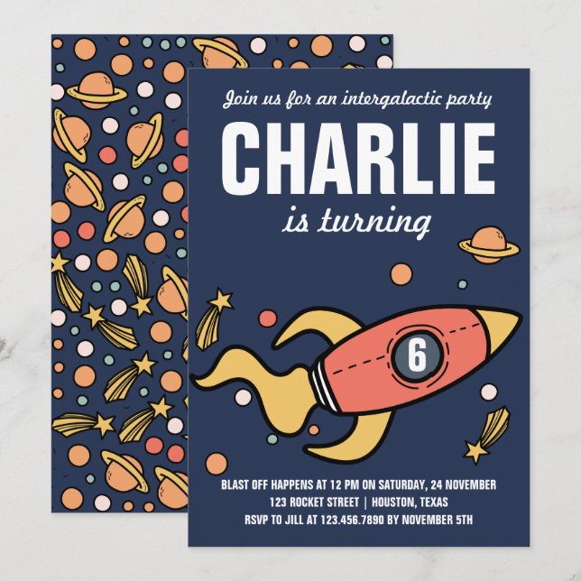 Intergalaktisk/Rocket Födelsedagsfest inbjudan (Fram/baksida)