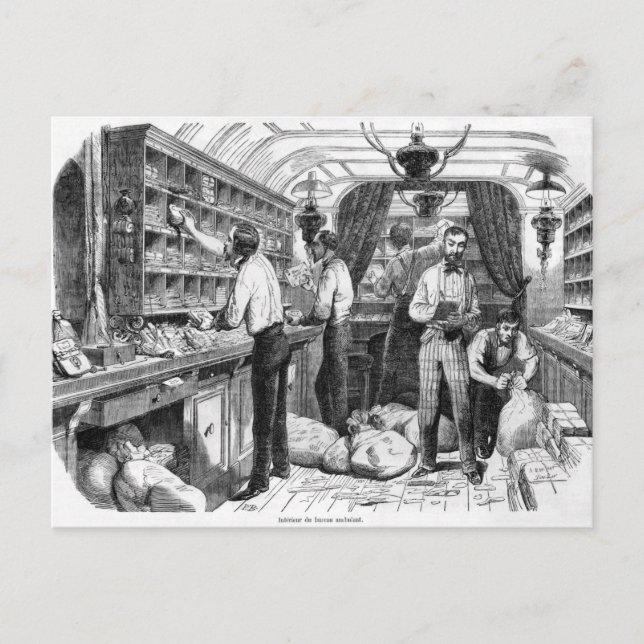 Interiör av en fransk järnvägspostvagn vykort (Framsida)