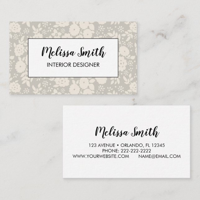 Interior Design Floral Pattern Gray Business Card Visitkort (Fram/baksida)