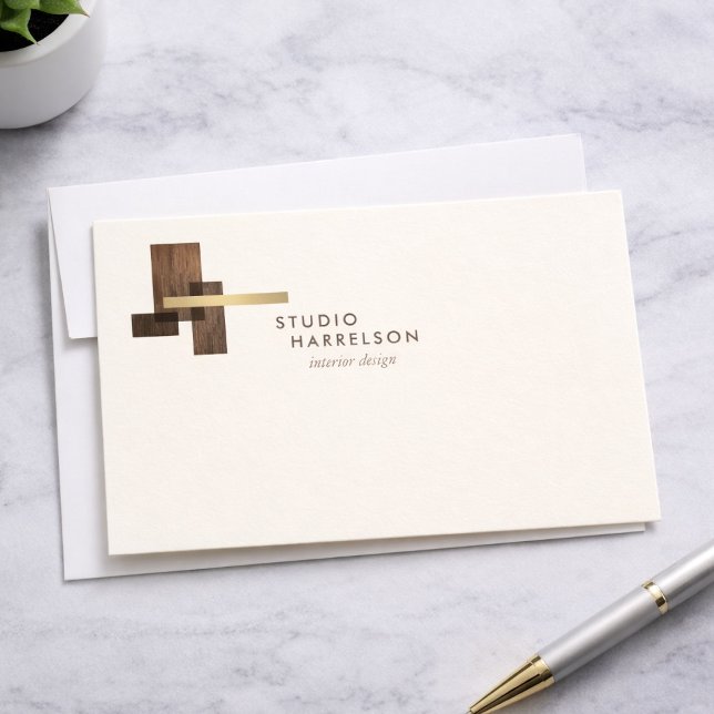 Interior Designer Wood Gold Logo Ivory Notecard Anteckningskort (Skapare uppladdad)