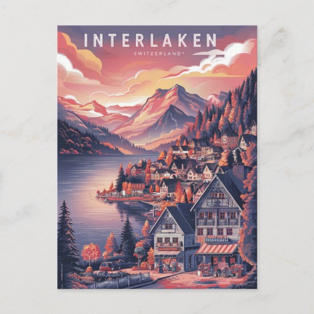 Interlaken Schweiz Röda Säsongen Vykort (Framsida)
