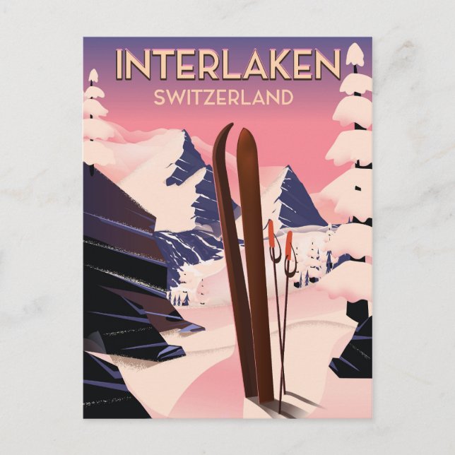 Interlaken Schweiz skidåkningsresor affisch. Vykort (Framsida)