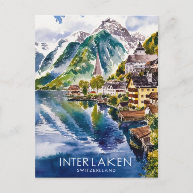 Interlaken Schweiz Watercolor Painting Vykort (Framsida)