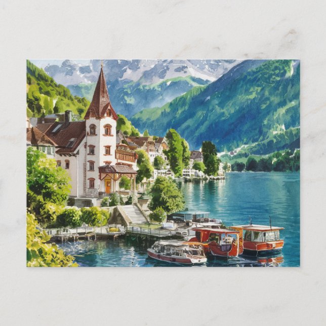 Interlaken Schweiz Watercolor Vykort (Framsida)