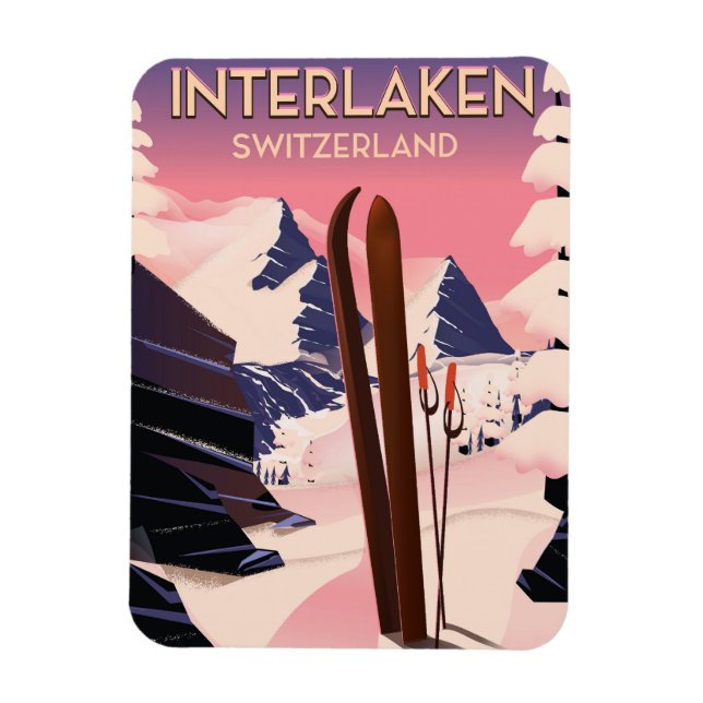 Interlaken Swiss Ski-reseaffisch. Magnet (Vertikal)