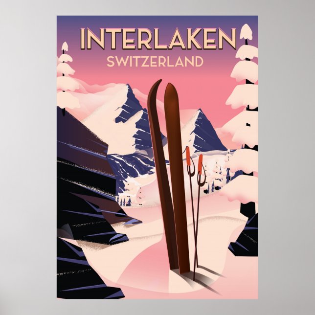 Interlaken Swiss Ski-reseaffisch. Poster (Framsidan)