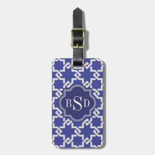 Interlocking mönstermonogram för chic indigoblått bagagebricka