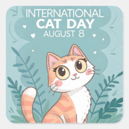 International Cat Day Cute Whimsical Cat Art Fyrkantigt Klistermärke