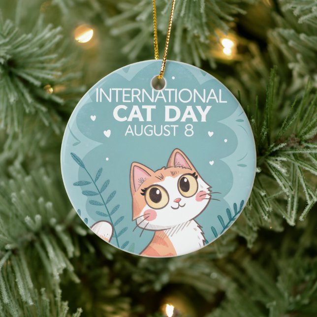 International Cat Day Cute Whimsical Cat Art Julgransprydnad Keramik (Träd)