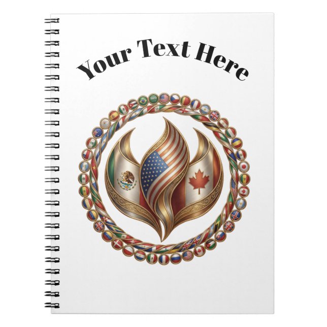 International Unity Flame with World Flags Emblem  Anteckningsbok (Framsidan)