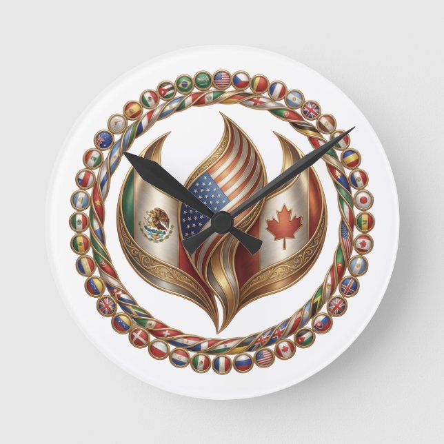International Unity Flame with World Flags Emblem  Rund Klocka (Framsida)