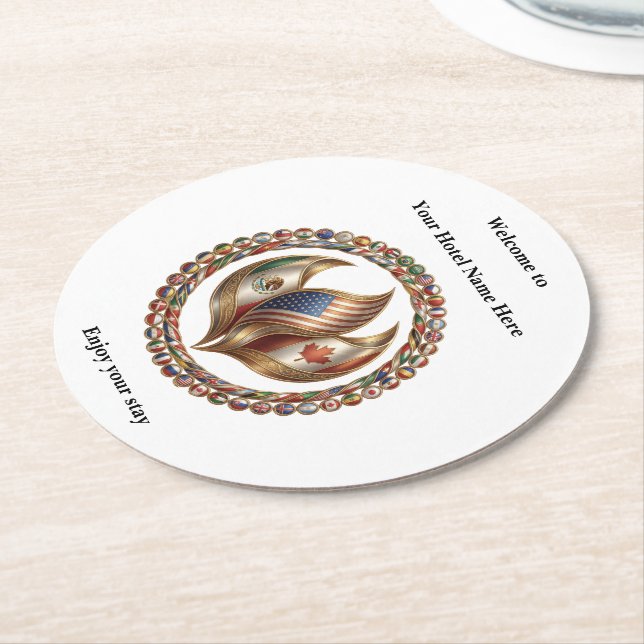 International Unity Flame with World Flags Emblem  Underlägg Papper Rund (Vinklad)