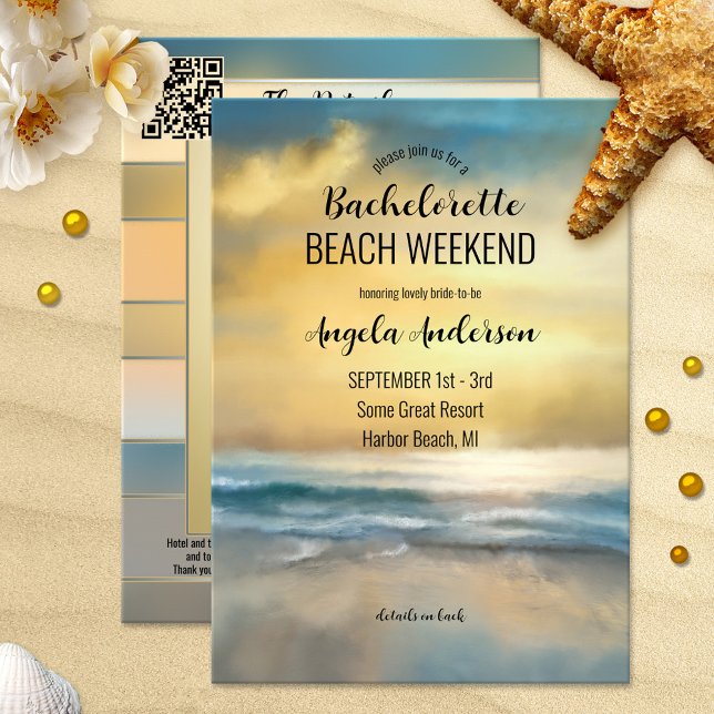 Internationell inbjudan till Bachelorette Beach He (Bachelorette weekend getaway itinerary template invitation featuring a painting of a beach at sunset)