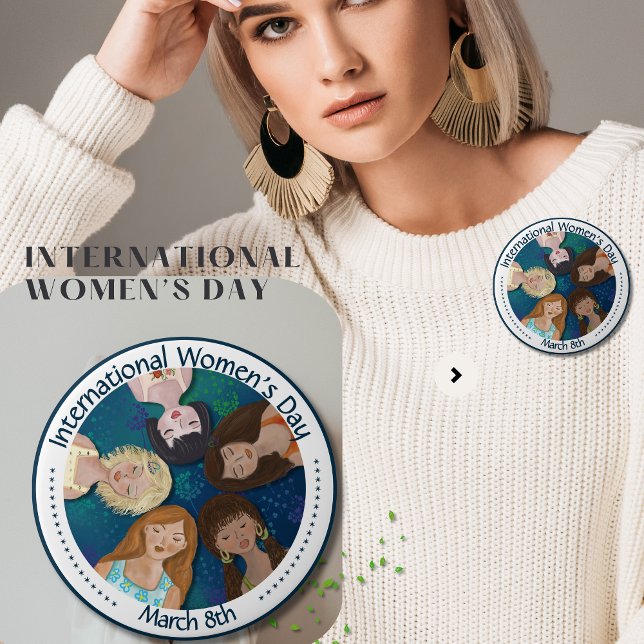 Internationell kvinnodag hand plockade i blått knapp (International Women's Day hand drawn in Blue Button)