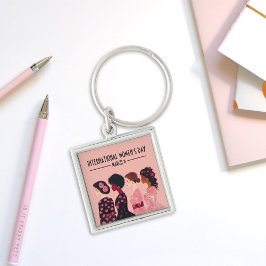 Internationell Kvinnodagen Global Women Rosa Blomm Fyrkantig Silverfärgad Nyckelring