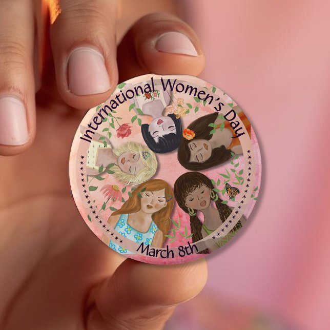 Internationell Kvinnodagen Rosa Feminin Porträtt Knapp (International Women's Day Pink Feminine Portraits Button)