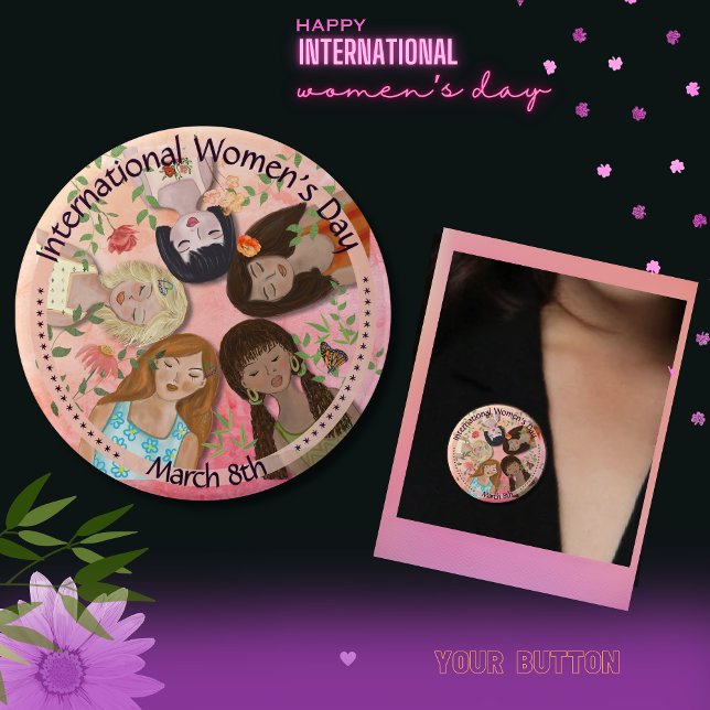 Internationell Kvinnodagen Rosa Feminin Porträtt Knapp (International Women's Day Pink Feminine Portraits Button)